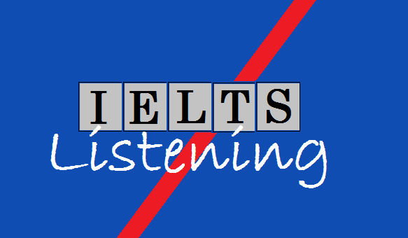 IELTS Listening banner with dark  blue background, red stripe, and IELTS Listening written on it