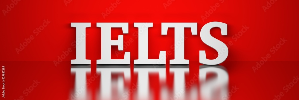 Wide banner with large bold white word IELTS on red background