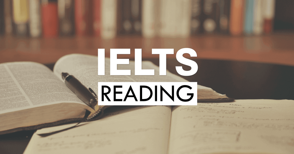 A blurred open book in the background with the words "IELTS Reading" written in bold letters in the foreground.