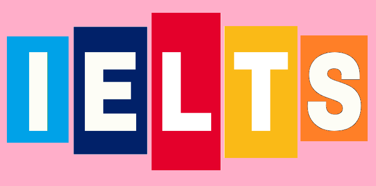 Colorful capital letters spelling "IELTS" on a pink background.