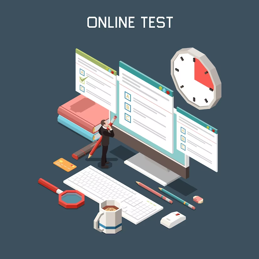 Isometric illustration of a computer with an online test on the screen, representing an online IELTS test.