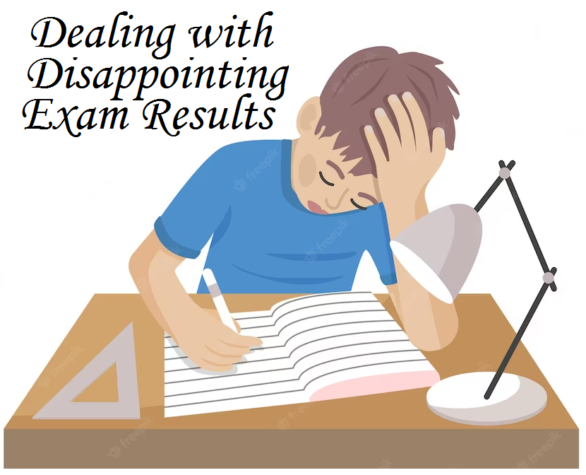 Dealing with Disappointing Exam Results written next to a sad student